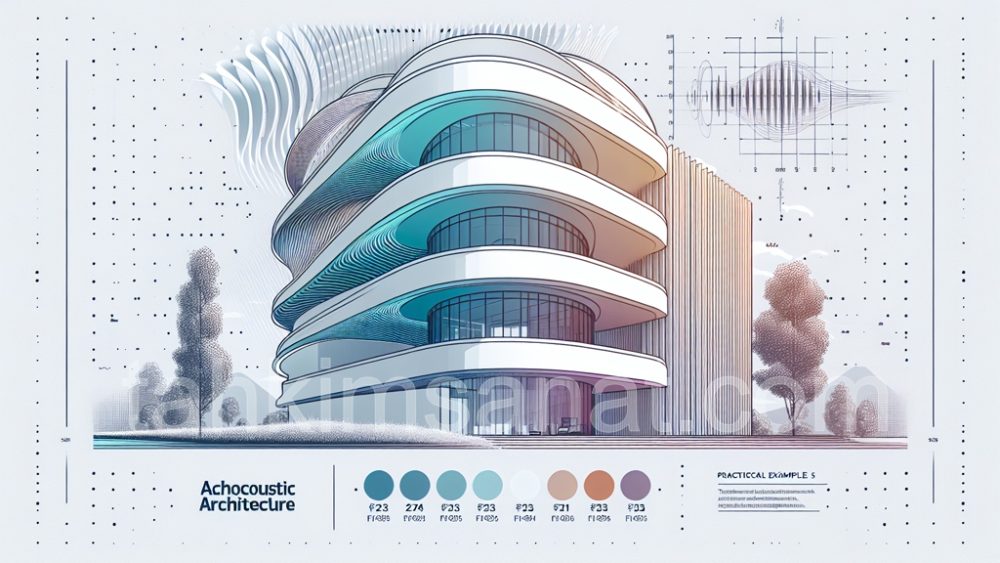 تصویر نمای از یک ساختمان با معماری پایدار که تکنیک‌های آکوستیکی را برای کاهش آلودگی صوتی و بهبود محیط زیست شهری به کار گرفته است.